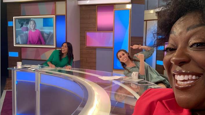 Judi and Loose Women Christine and Stacey pose for a socially distanced selfie on set