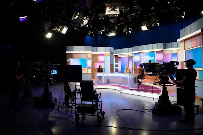 Andrea McLean, Linda Robson and Brenda Edwards rehearse the new socially distanced set up for the new Loose Women shows