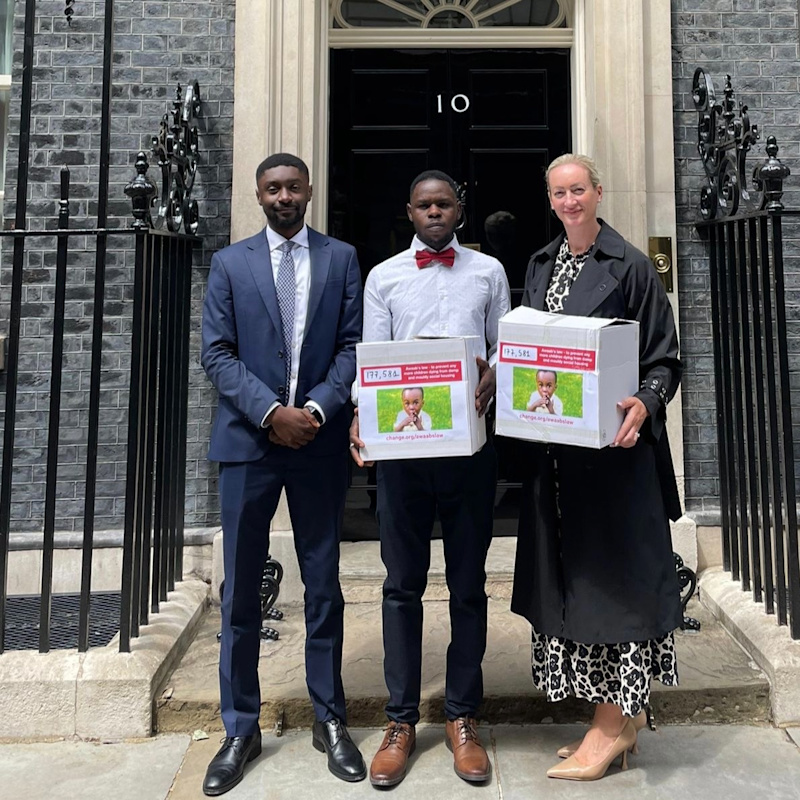 Faisal Abdullah, father of Awaab Ishak, hands in the Awaab’s Law petition at 10 Downing Street, supported by campaigning barrister, Christian Weaver, and award-winning solicitor, Kelly Darlington, in June 2023.