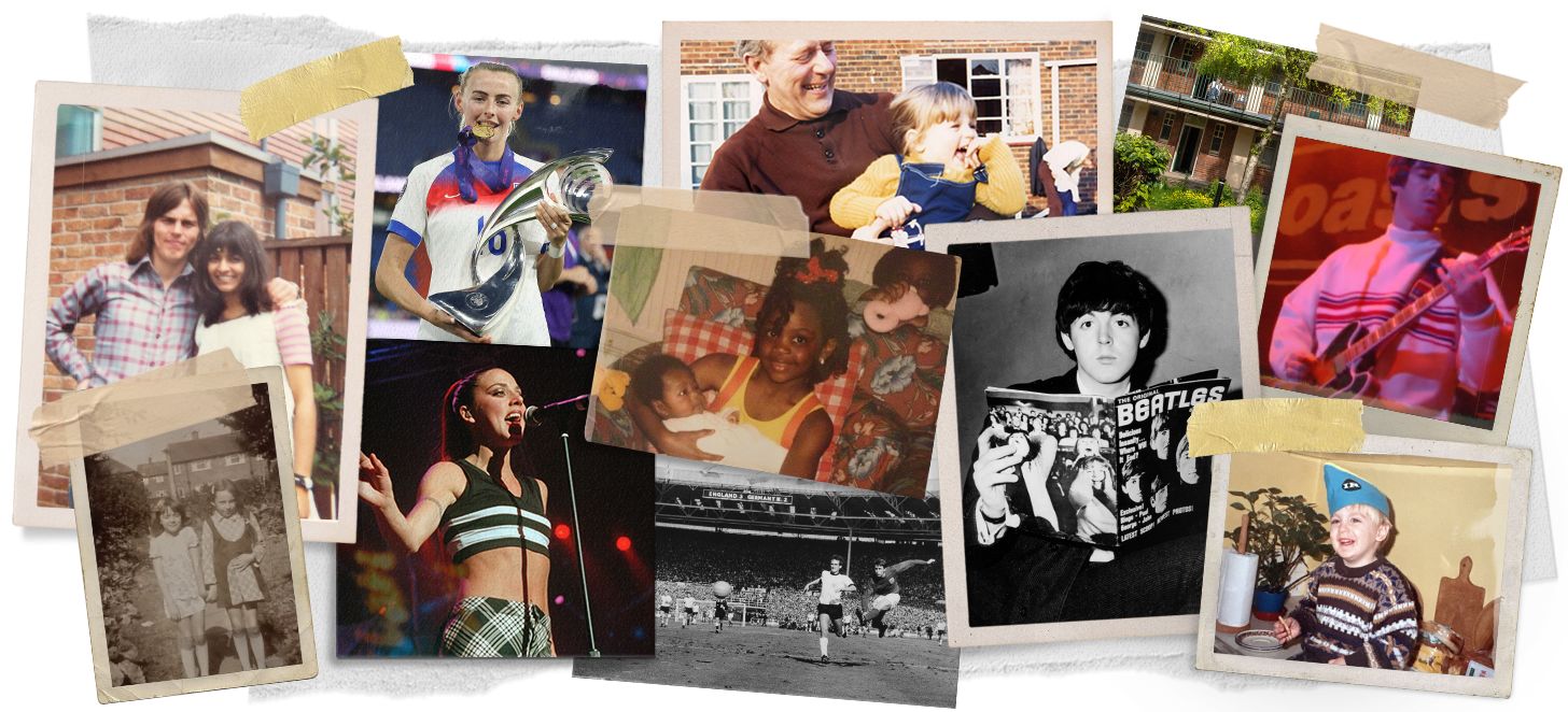 A collage of photographs showing different people who grew up in social housing.