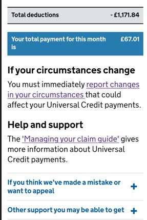 Example of total deductions on a universal credit account.