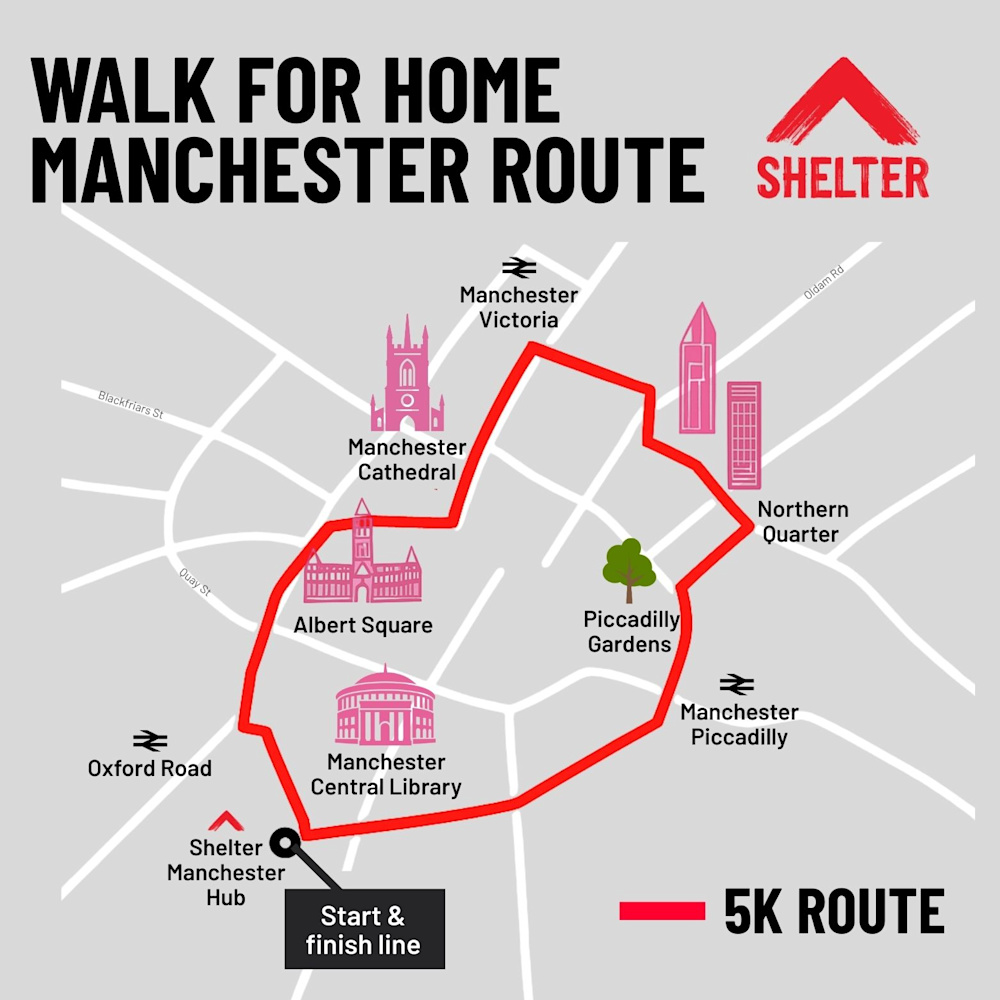 The route map for Walk for Home Manchester 2025