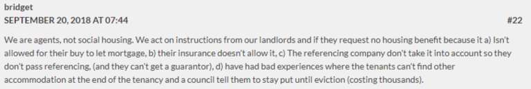 Forum comment starting 'We are agents, not social housing. We act on instructions from our landlords and if they request no housing benefit...'