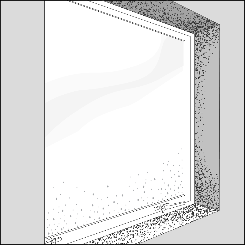 A graphic of a window with condensation on the glass. Mould is starting to form on the walls around the window.