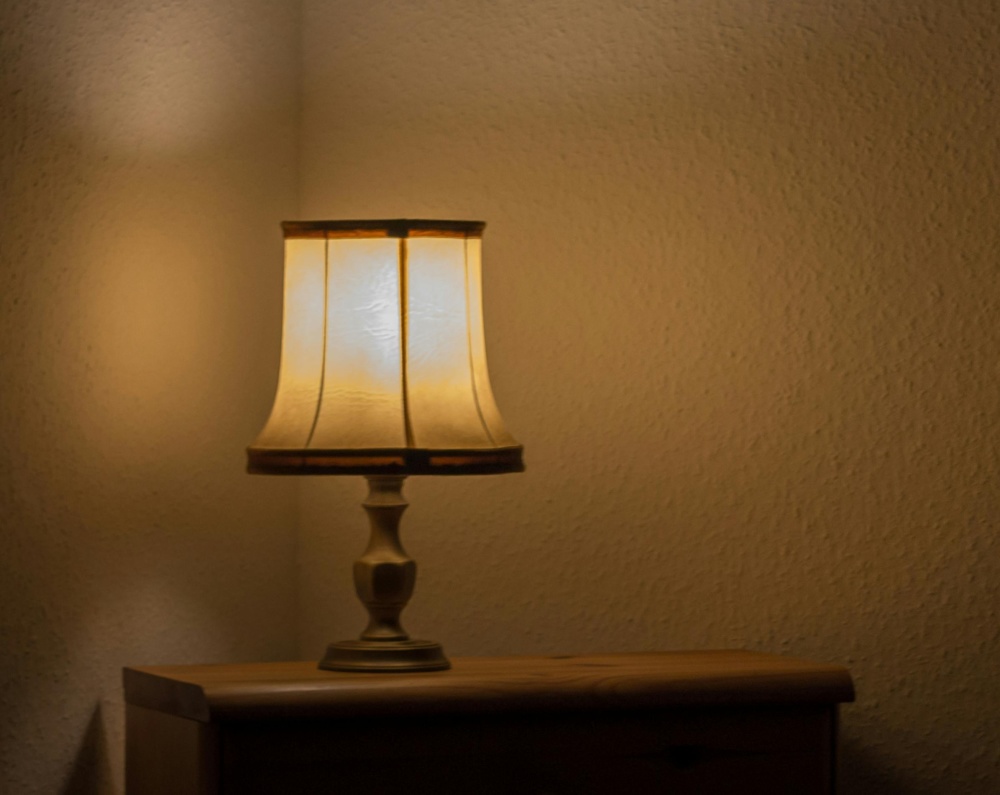 A table lamp in the corner of a dimly lit room.