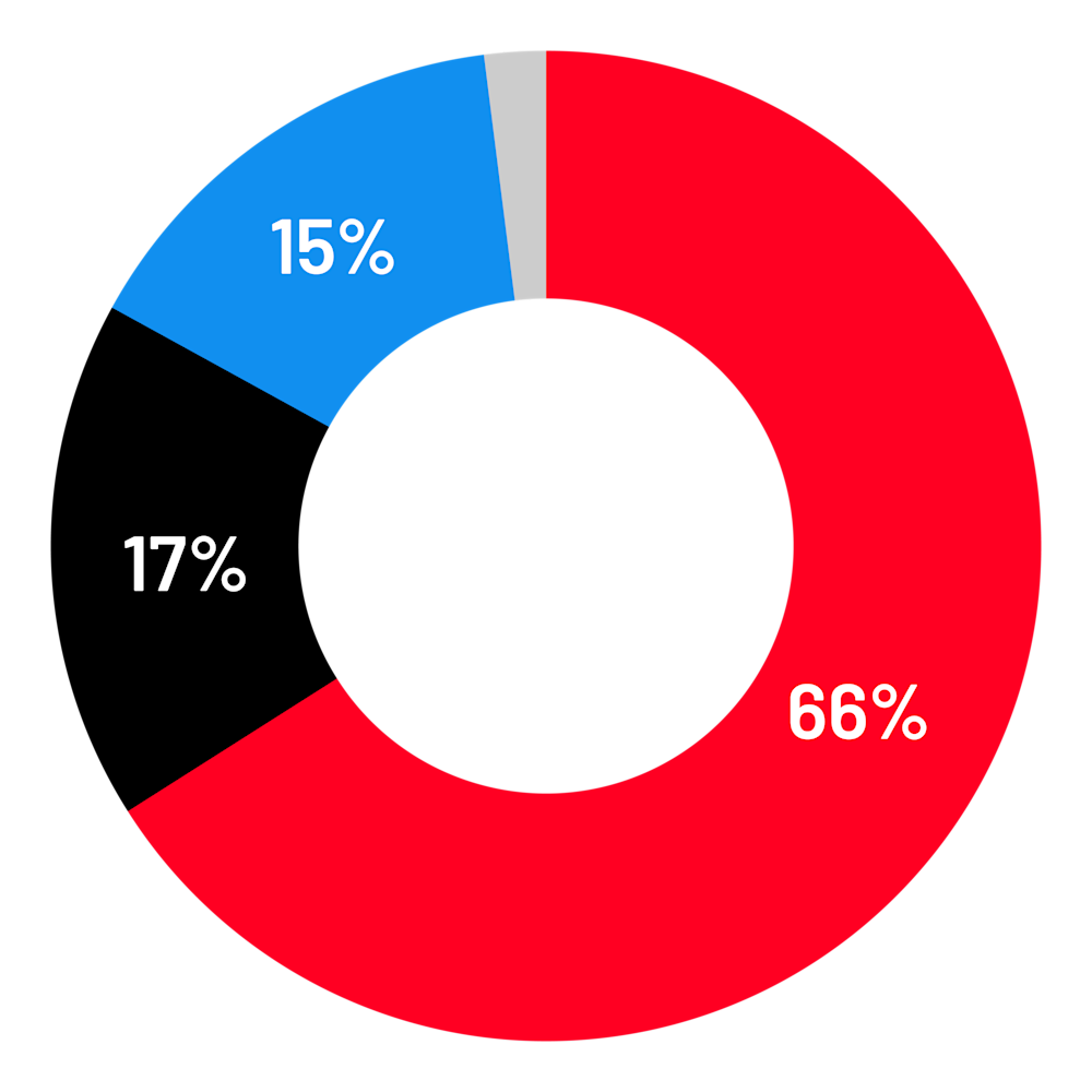 A pie chart that shows the breakdown of how we raise money:
66% comes from donations and legacies, 17% from Shelter shops, 15% from funded advice and support, and 2% from training and publications.
