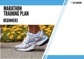 Front page of marathon training plan for beginners, featuring a close-up photo of a running shoe.