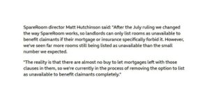 Statement from SpareRoom director Matt Hutchinson that says 'we're currently in the process of removing the option to list as unavailable to benefit claimants completely.'