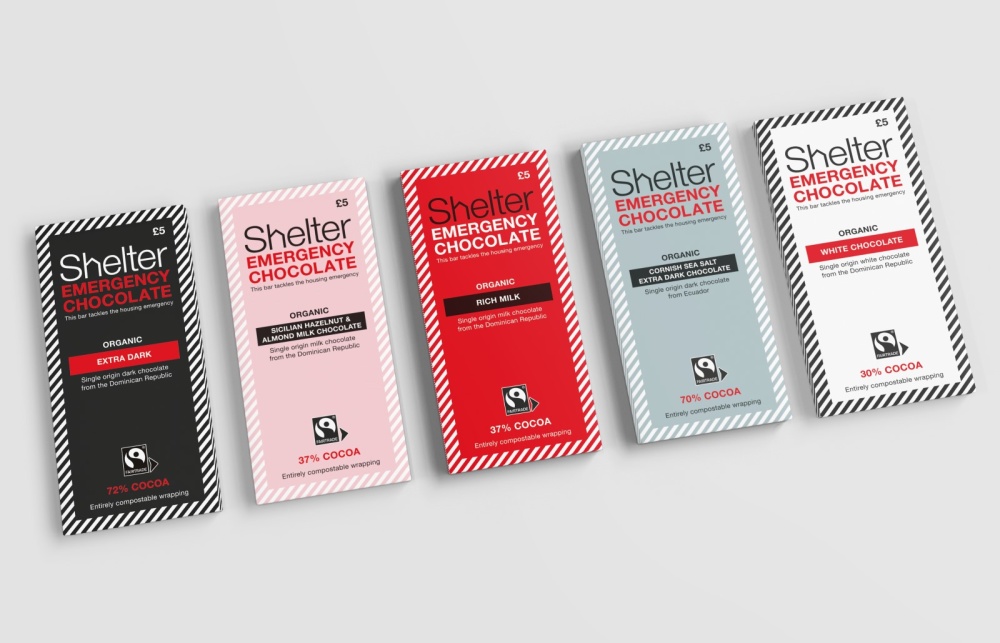 Five Shelter Emergency Chocolate bars of different flavours in colourful packaging