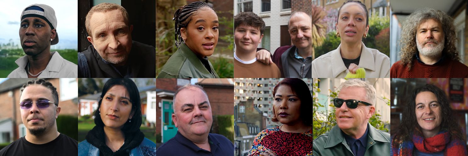 A series of twelve diverse portraits in a row, featuring men and women of varying ages and backgrounds, in daylight settings.