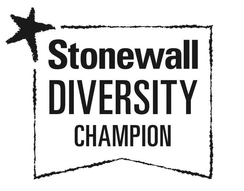 Black and white square logo with star illustration and text reading: Stonewall diversity champion