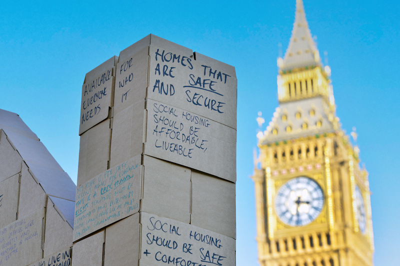 Boxes for a campaigning stunt at Westminster in support of more social housing and better regulations.