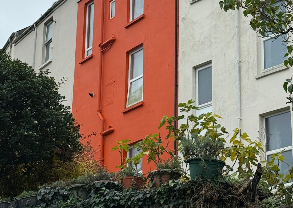 Orange and White terrace with bushes in foreground