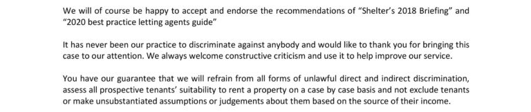 Statement from letting agent Rush, Witt and Wilson that 'It has never been our practice to discriminate against anybody and would like to thank you for bringing this case to our attention. We always welcome constructive criticism and use it to help improve our service.'