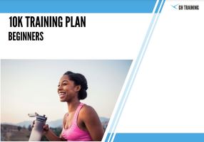 Front page of the 10k training plan for beginners, featuring a woman smiling while running in a pink vest.