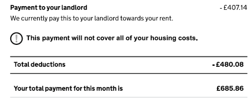 An example of what a payment to your landlord looks like when set out as a deduction in a claim statement.