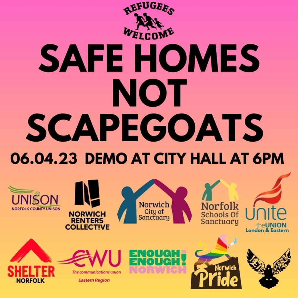 Safe homes not scapegoats poster: 6/4/23 demo at city hall at 6pm.