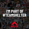 Tiles each show a runner wearing a Shelter vest. Overlay text reads 'I'm part of #TeamShelter' with the Shelter logo.