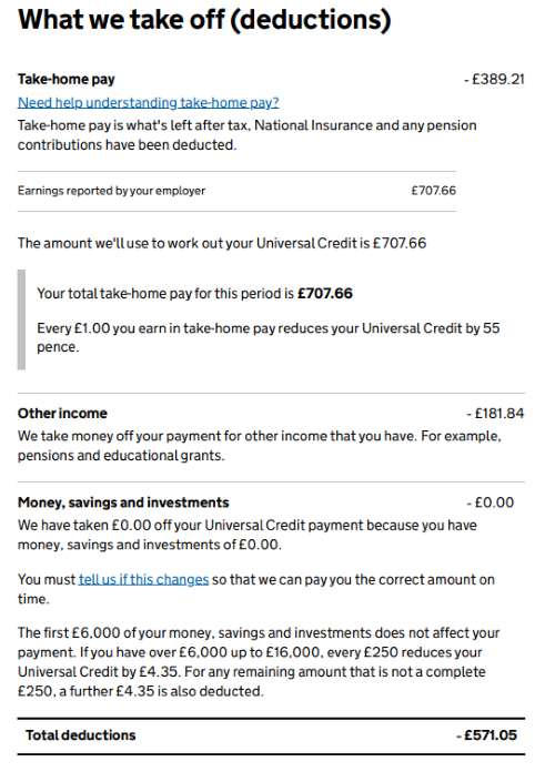 A sample of a UC statement setting out what deductions the DWP takes off of the award. It takes off an amount of money for take-home pay, and a further amount for other income.