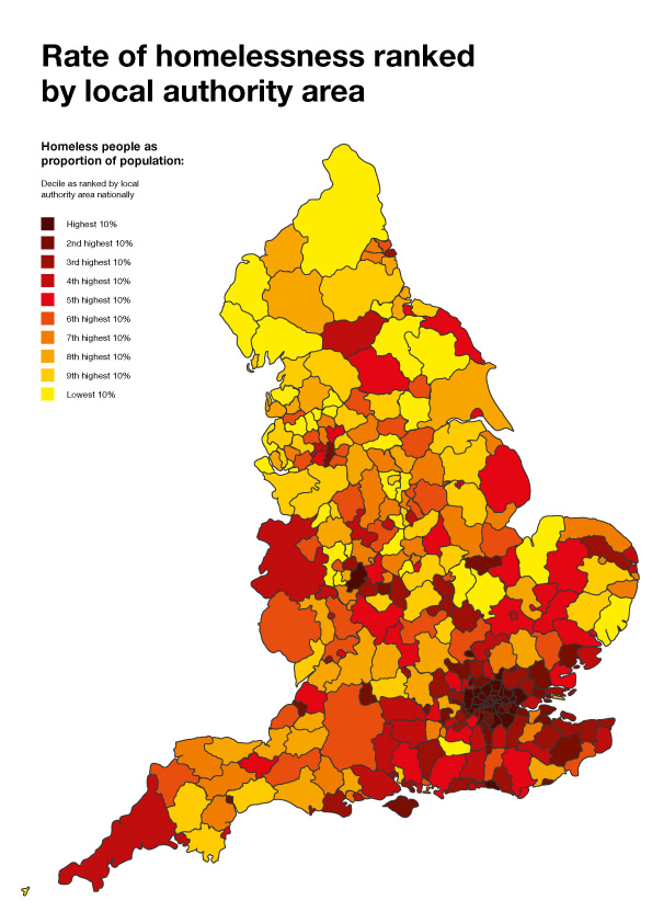 Coloured heat map showing the rate of homelessness ranked by local authority