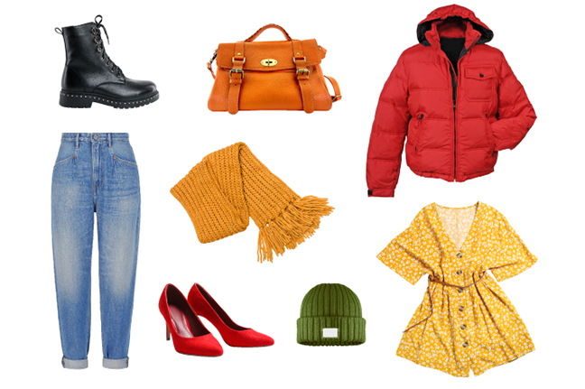 A selection of brightly coloured clothes laid out on a white background