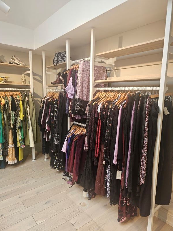Back, purple and multi-colour women's clothing hanging on a shop rail with spotlight lighting. 