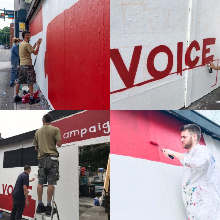 Collage of photos showing Bristol campaigners painting a mural to illustrate the impact of 'No DSS' discrimination.