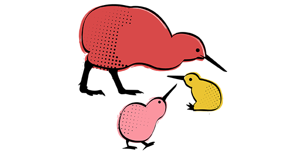 Red, pink and yellow kiwi bird illustrations