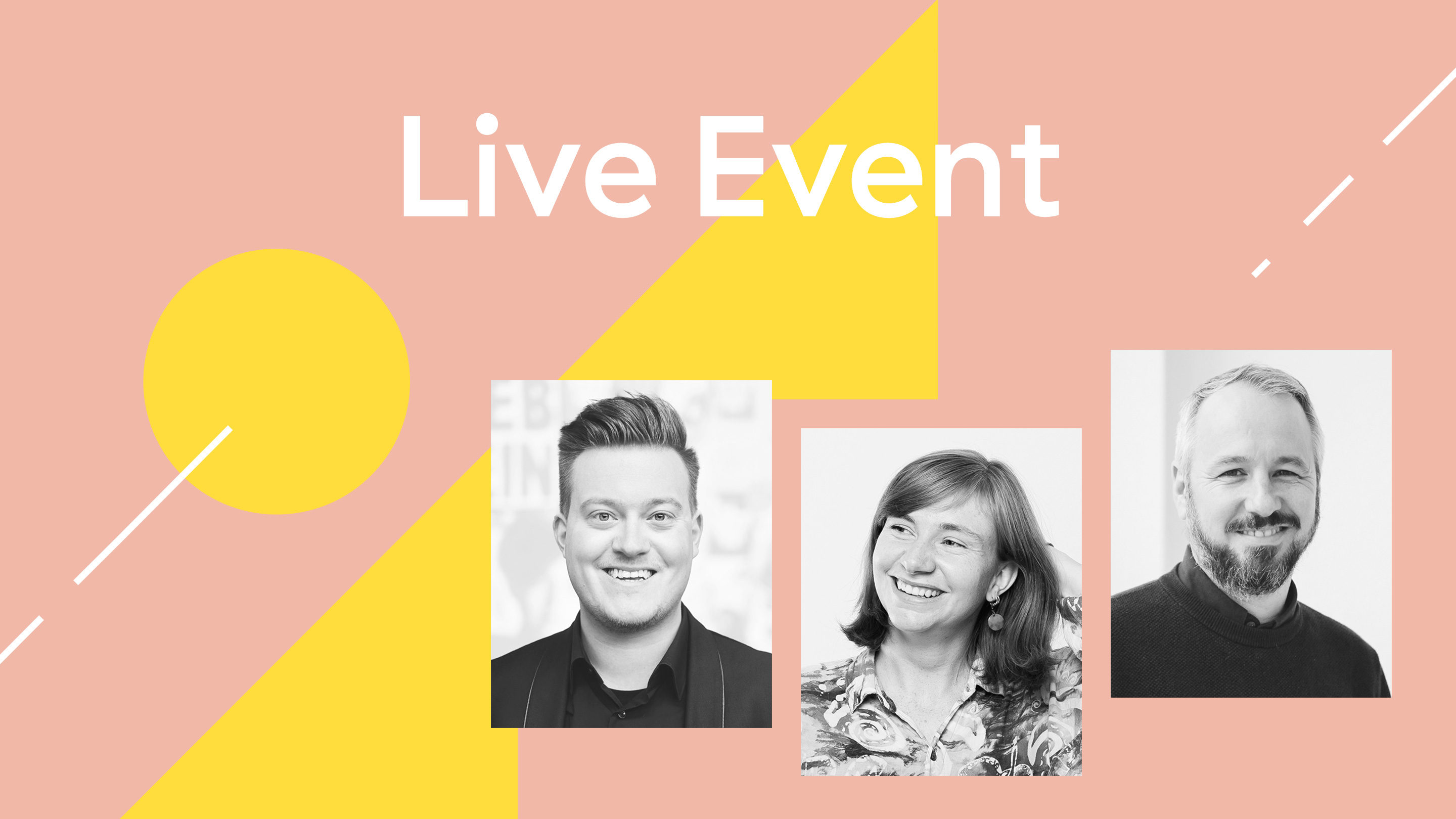 Title to the event with the three speakers René Schaar (NDR), Carla Polaczek (Experience Design) and Robert Krämer (Technical Director, both work at denkwerk).