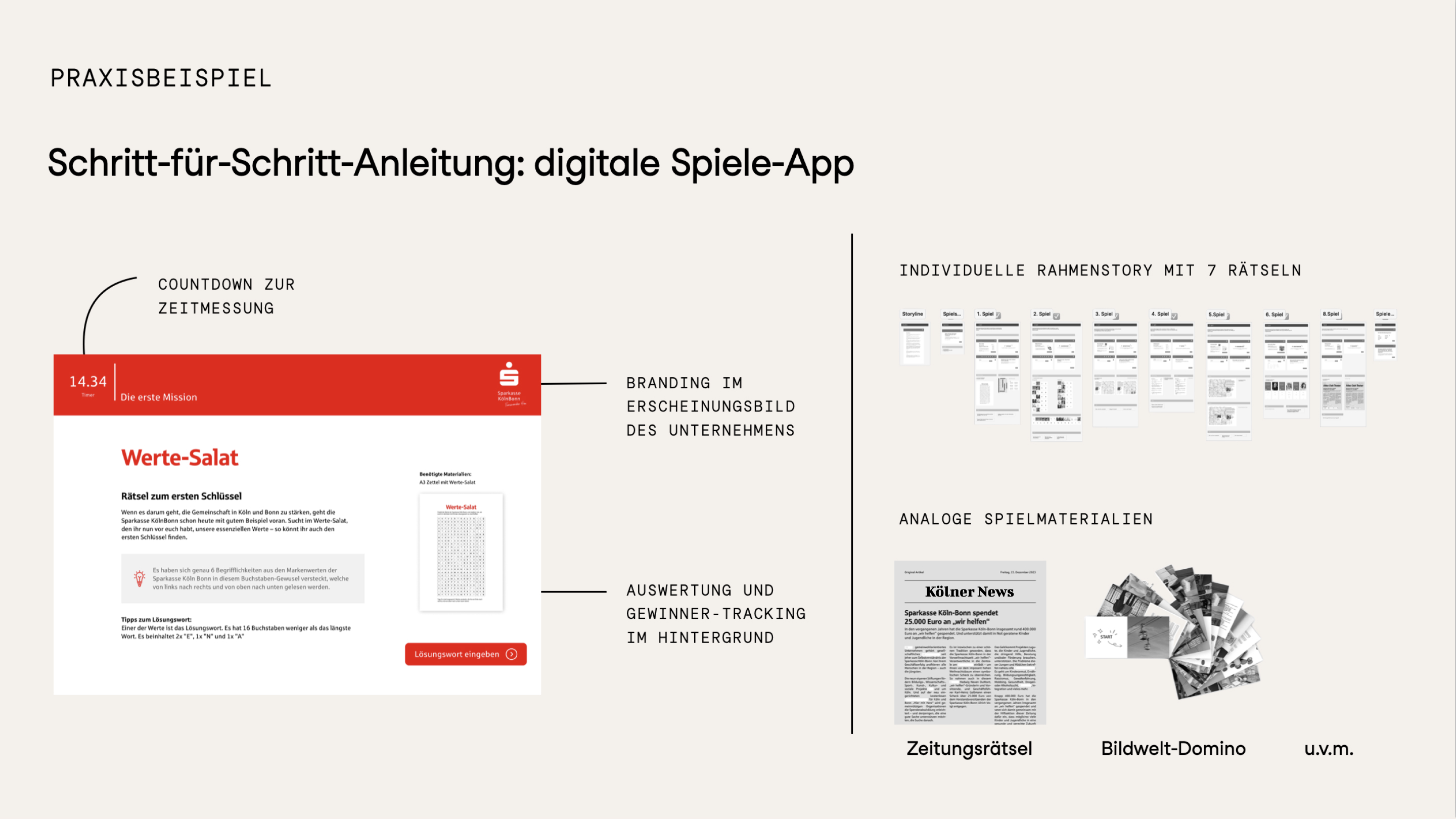 Grafik mit einem Praxis-Beispiel: Digitale Spiele-App mit Schritt-für-Schritt-Anleitung. Zu sehen sind auf der linken Seite ein Screenshot des Spiels, auf der rechten Seite die individuelle Rahmen-Story mit sieben Rätseln sowie analoge Spielmaterialien.