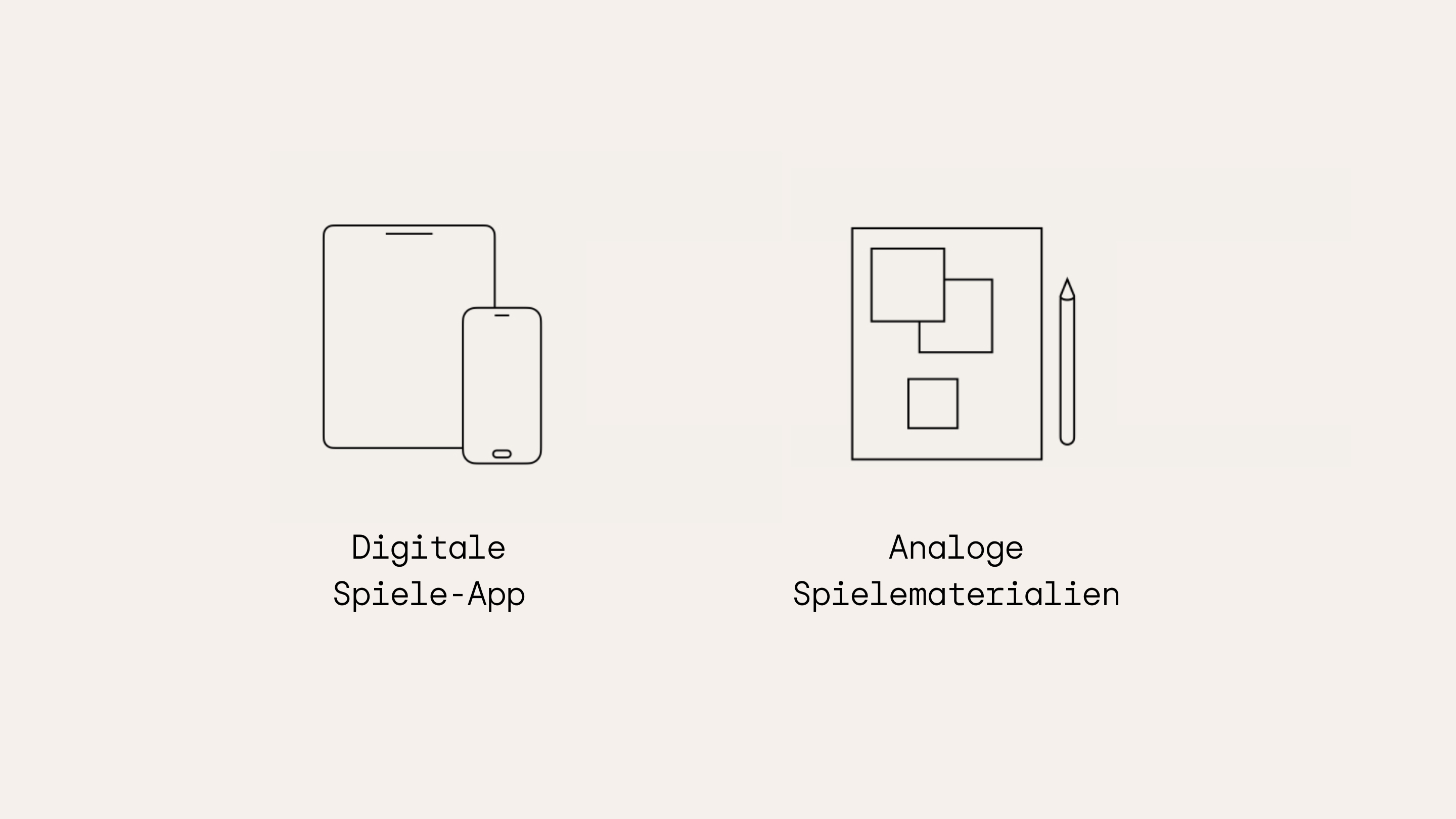 Graphic with two icons: On the left, a tablet and smartphone with the text "Digital games app". On the right a sheet with post-its and pen and text "Analog game materials".