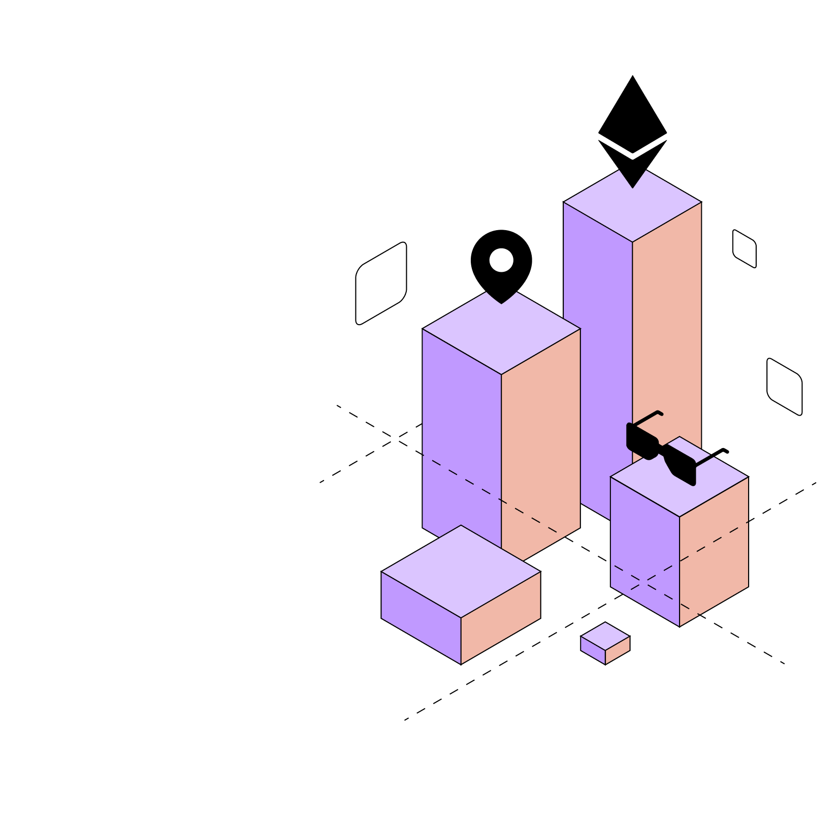 Example for Metaverse - graphic with location icon, sunglasses on cubes