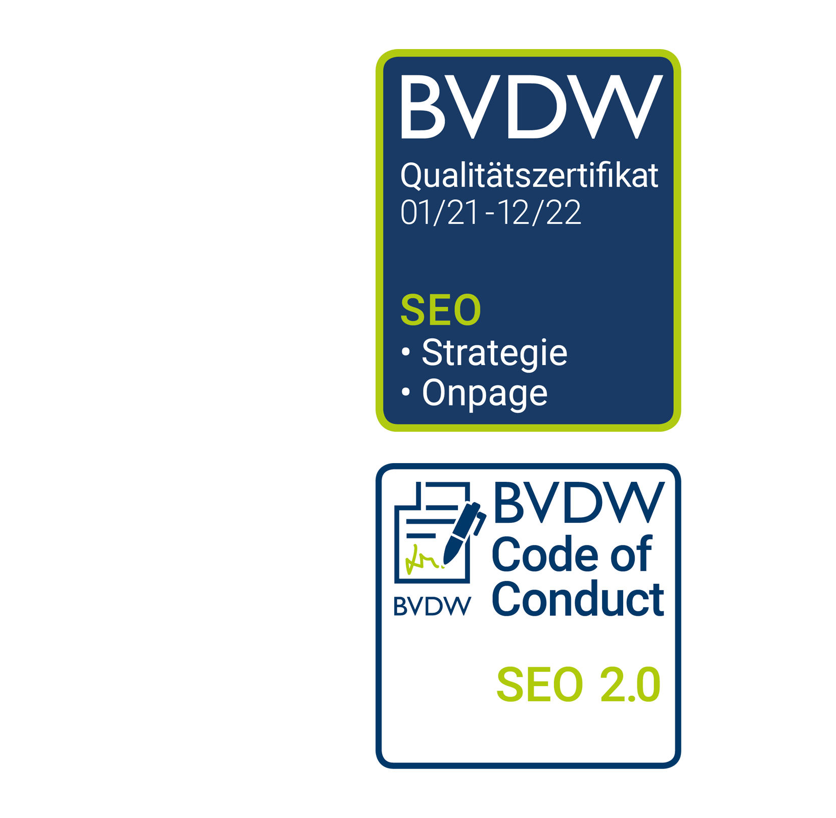 The two logos of the BVDW - Bundesverband Digitale Wirtschaft e. V.: Quality Certificate SEO - Onpage and Strategy - and the Code of Conduct SEO 2.0 