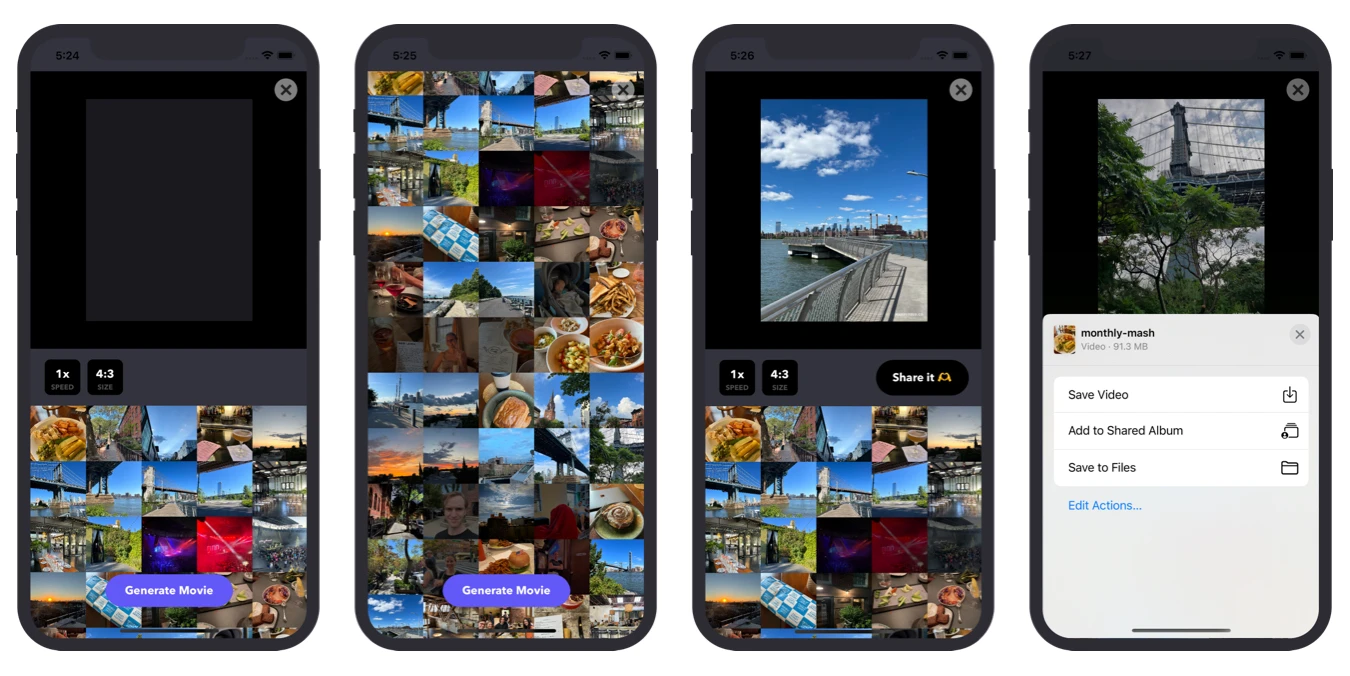iPhone screens showing Movie Maker media selection and sharing