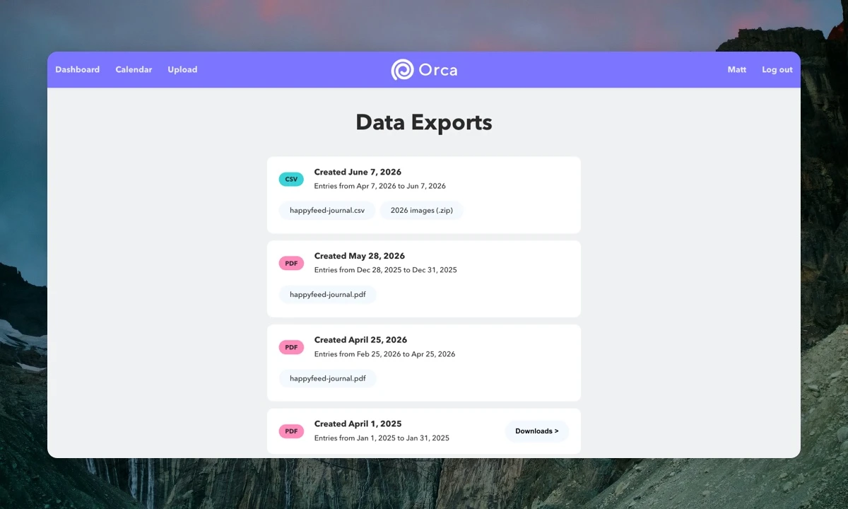 Screenshot of the Data Export screen with PDF and CSV download links