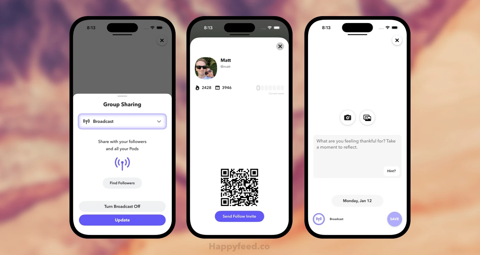 iphone screenshots of the broadcast info view, profile with QR code for following, and active broadcast state