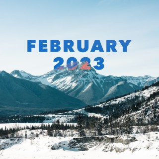 Frozen mountains with text February 2023