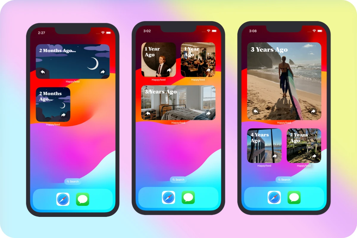 Happyfeed photo widget examples on iPhone home screens