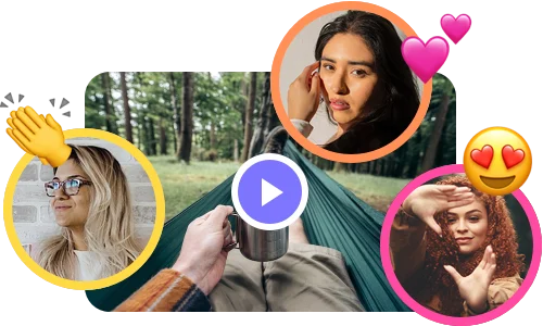 Video clip with three circles showing friends' faces and emoji reactions