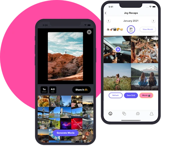 Monthly movie screen and recaps with grid screen over pink circle