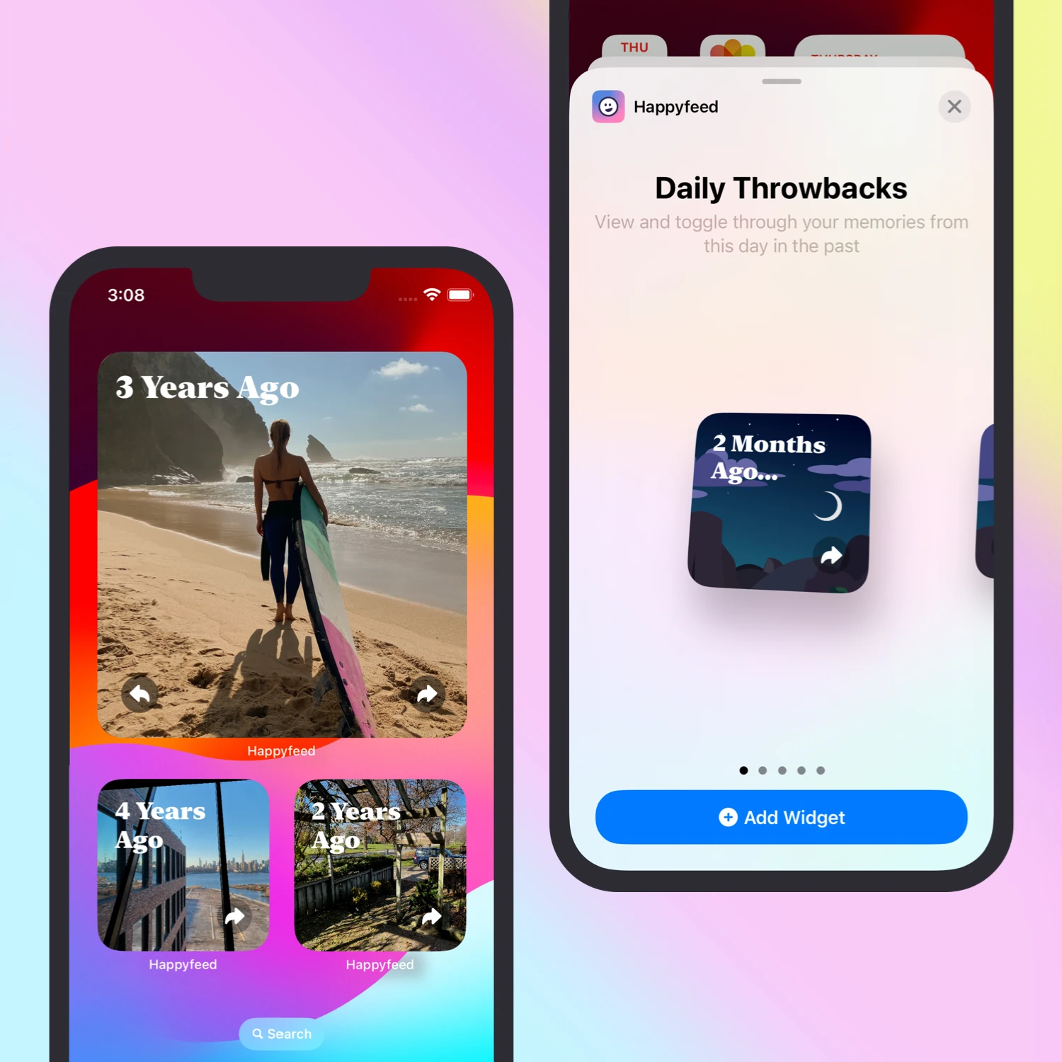 iPhone screens with photo widget on purple gradient background