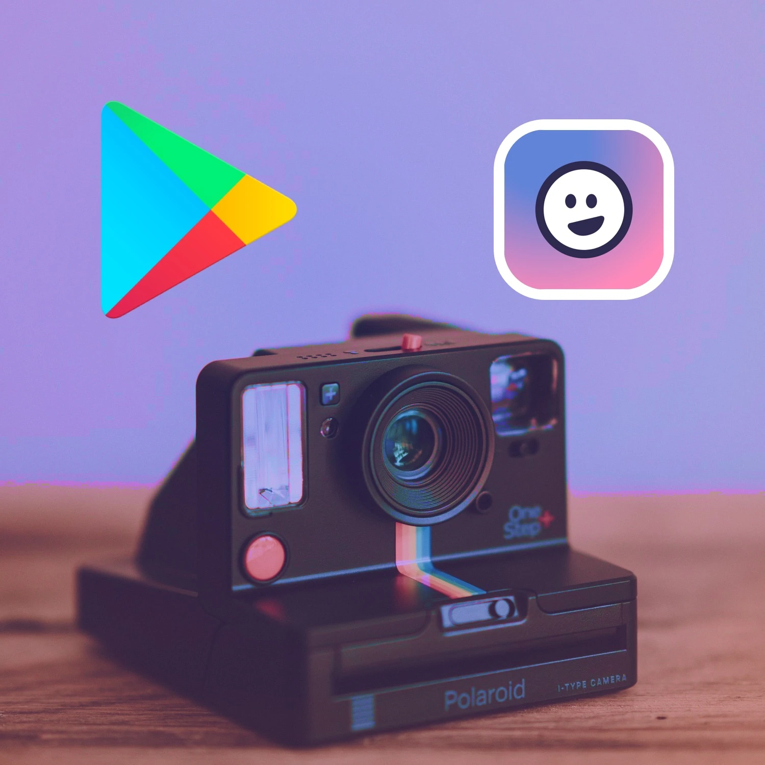 Purple hue photo with camera and Google icon with Happyfeed logo