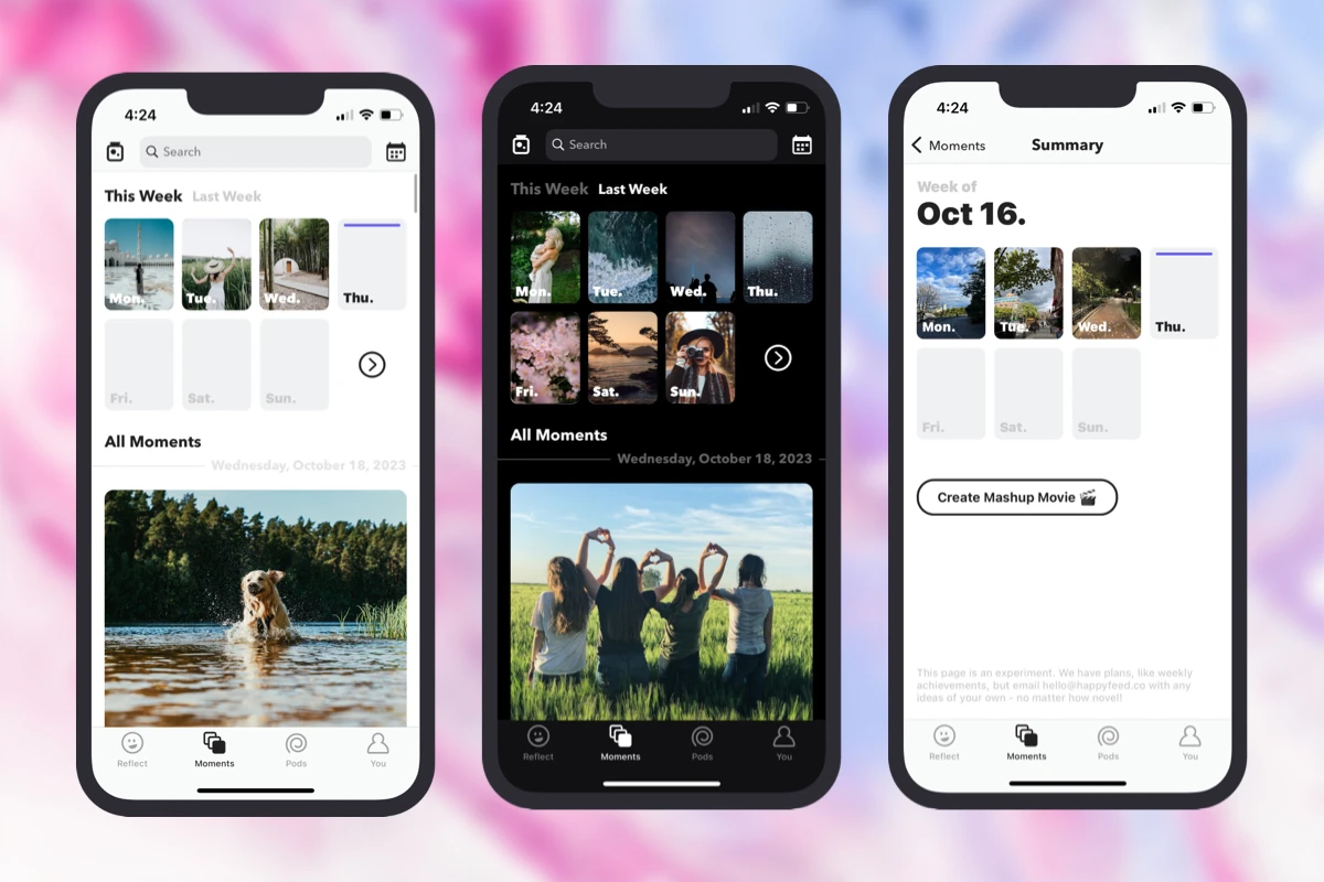 iPhone screens displaying Happyfeed weekly photo tiles in light and dark mode and the weekly summary screen