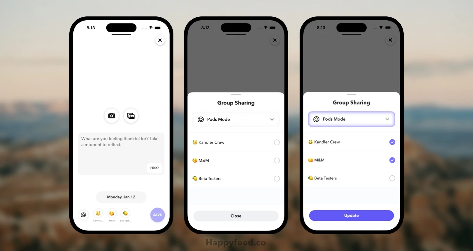 iphone screenshots showing the quick pod selections, new sharing popup, and selected sharing state