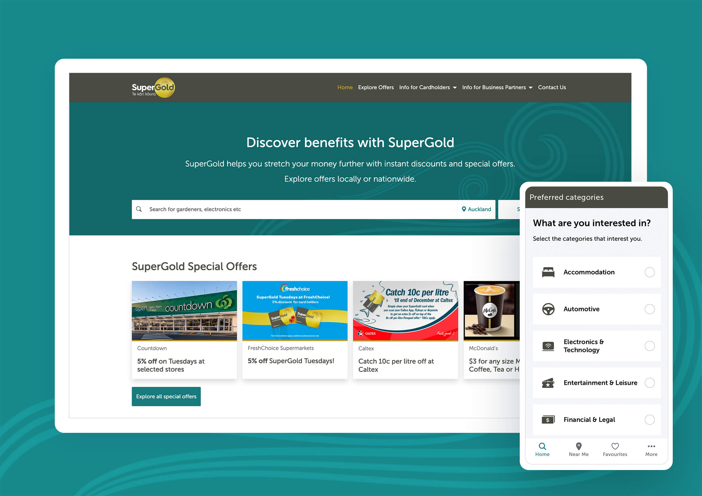 Homepage desktop view and category app view from the SuperGold website and app