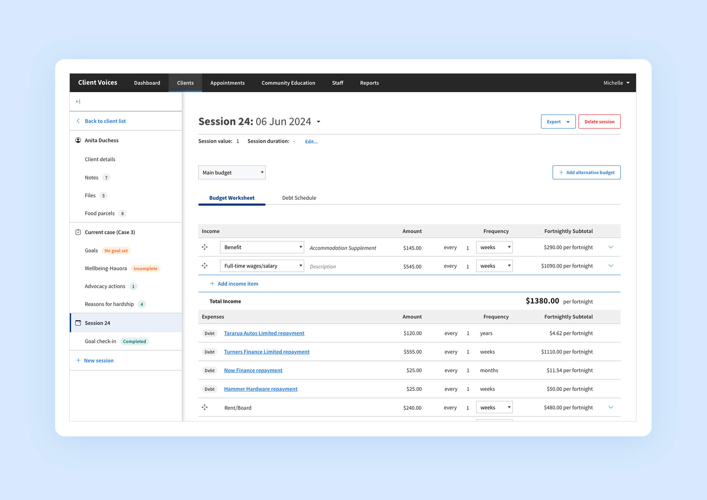 Budget worksheet view of Client Voices Web Application