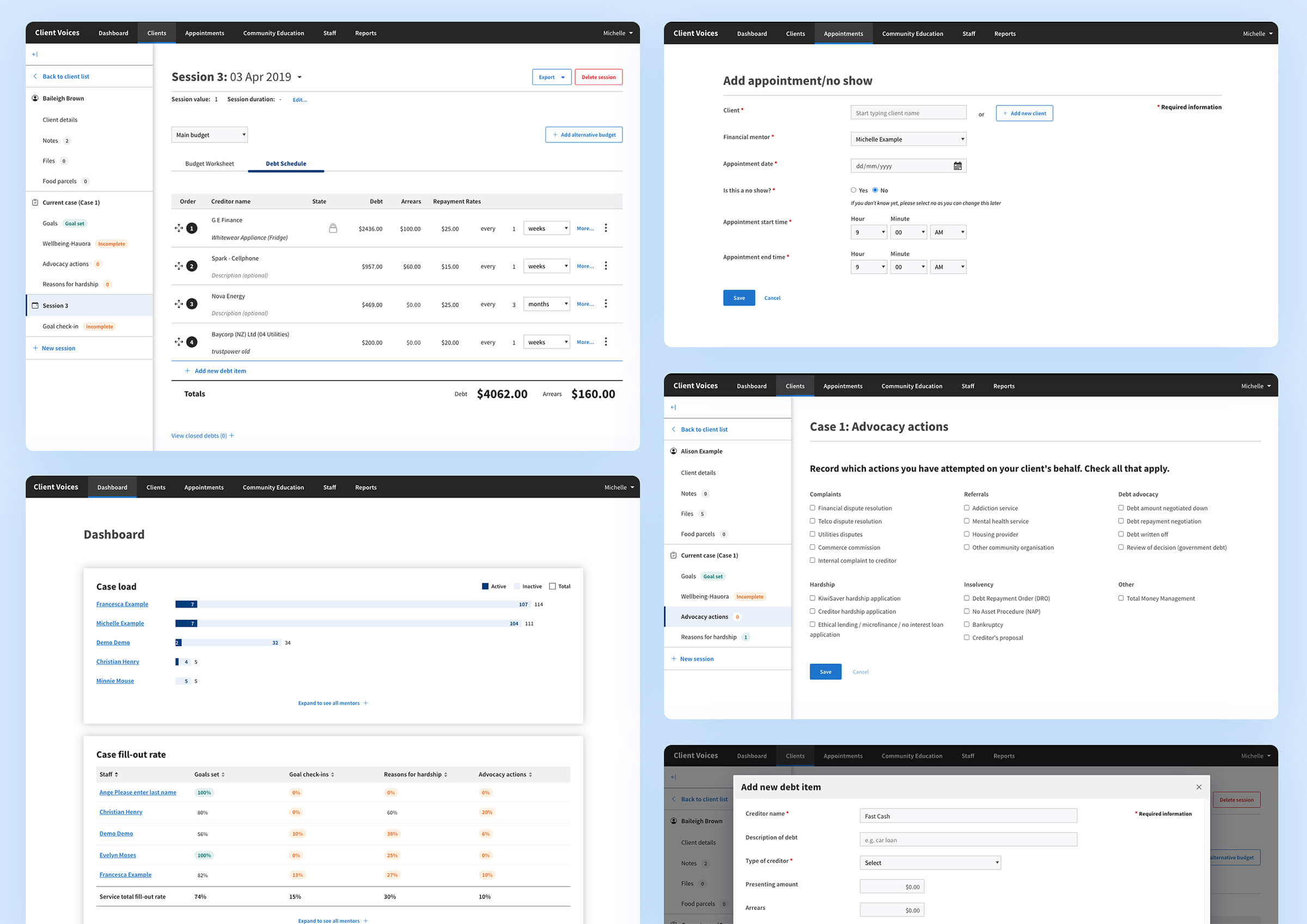 Multiple screens view of Client Voices Web Application