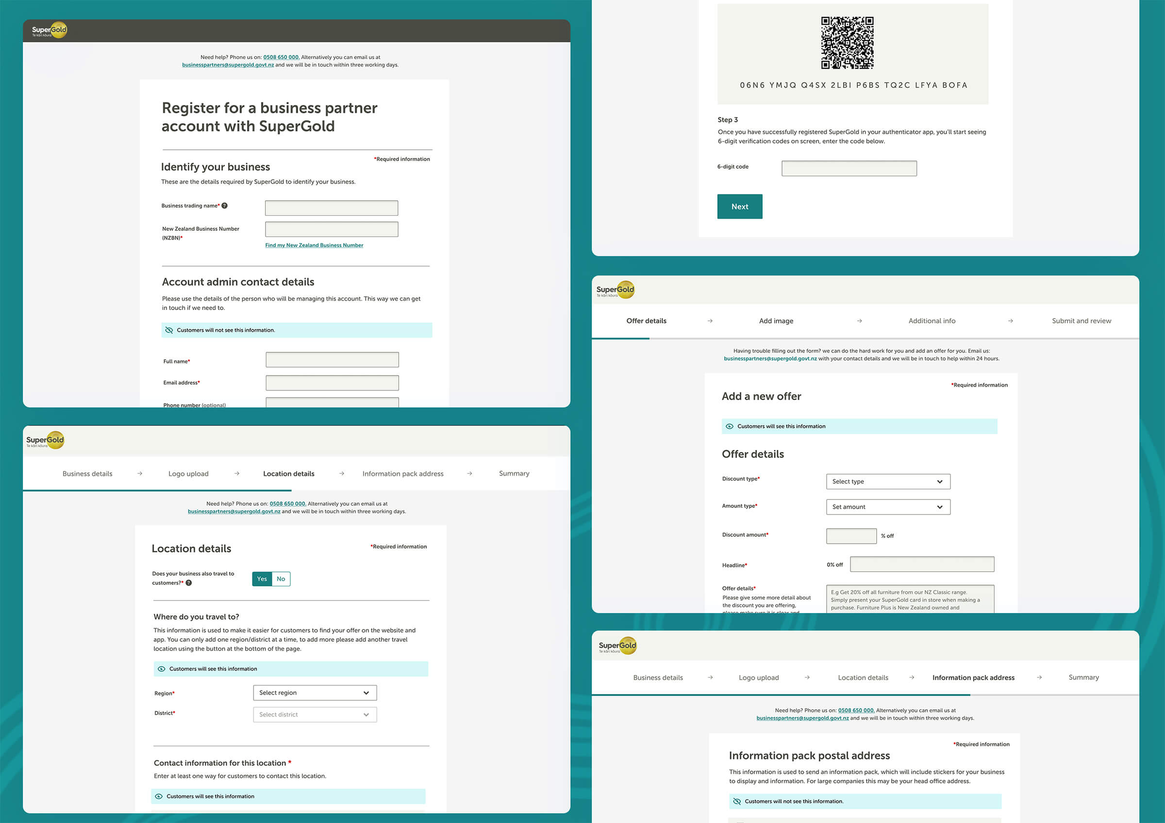 Multiple screens showing various pages from the business partner sign up form from the SuperGold website