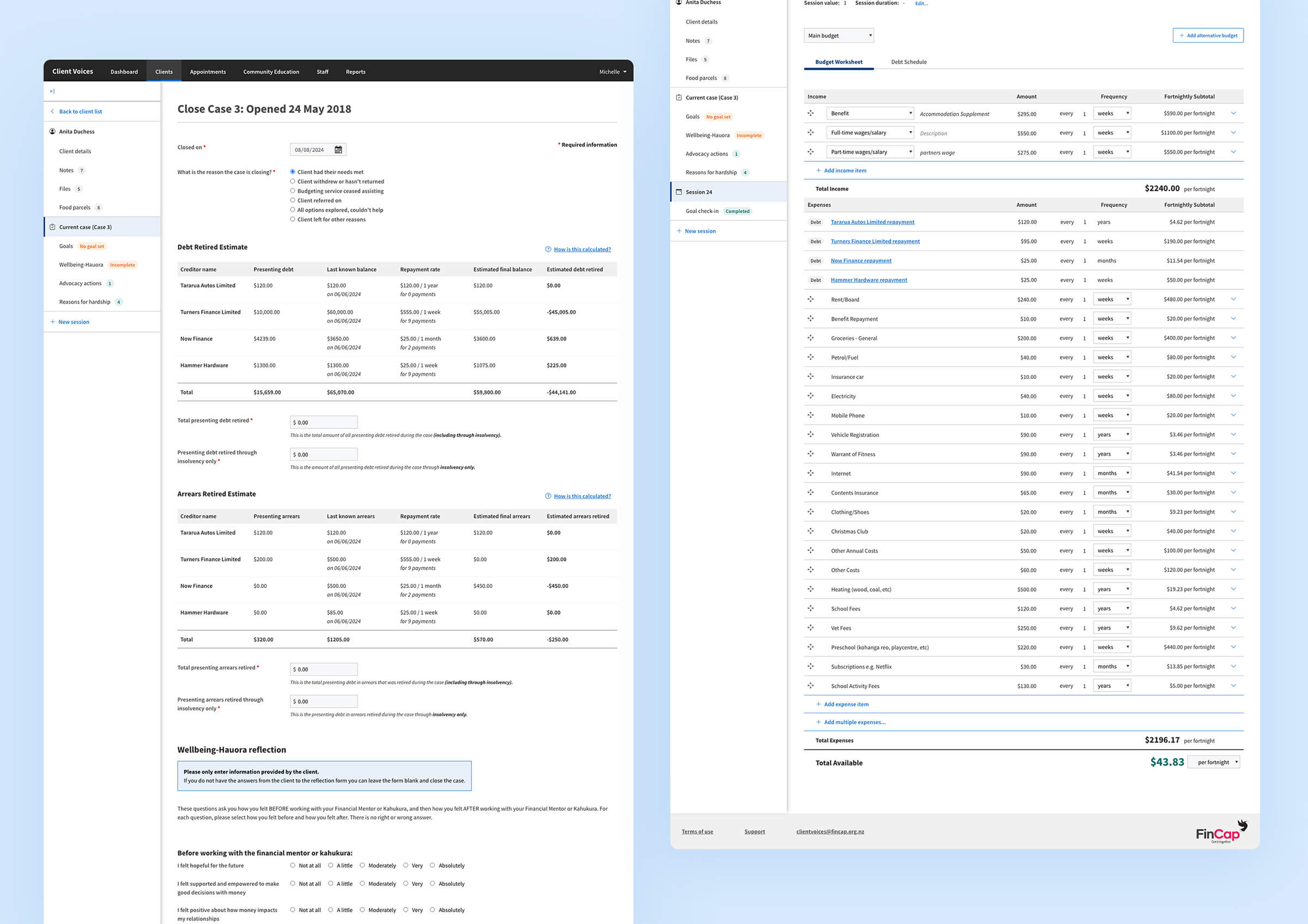 Closing case form view and Budget worksheet view of Client Voices Web Application