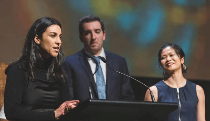 Rebecca, James and Ruka accept Boost's Team Gold Award at the 2019 Wellington Gold Awards.